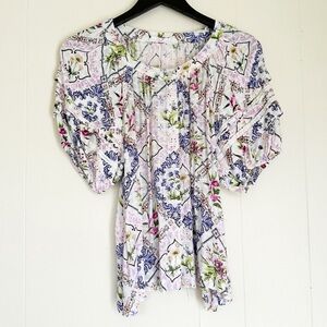 JANE & DELANCEY Puff Sleeve Floral Patchwork Frames Button Down Blouse Top M